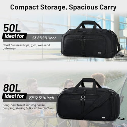MIER Packable Travel Duffle Bag with Shoe Compartment, 50L, Black | Foldable Weekender Duffel; Multi-Pockets; Adjustable Shoulder Strap; Travel, Sports, Camping, Gym - color: Black, size: 50L