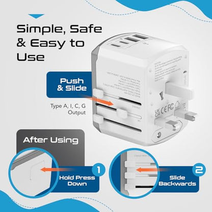 Ceptics 5 in 1 Travel Adapter Worldwide, Universal Socket, 2 USB-A + USB-C - color: White/Silk