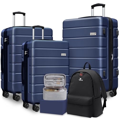 KEYTANG Explorer Luggage Set, Lightweight Hardside Suitcase, Expandable Carry-On Luggage with Travel Backpack & Cosmetic Makeup Bag, 5-Piece Set (20in/24in/28in), Navy Blue - color: Navy Blue, size: 001-5PCS