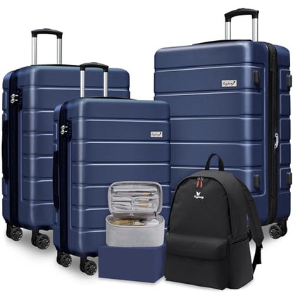 KEYTANG Explorer Luggage Set, Lightweight Hardside Suitcase, Expandable Carry-On Luggage with Travel Backpack & Cosmetic Makeup Bag, 5-Piece Set (20in/24in/28in), Navy Blue - color: Navy Blue, size: 001-5PCS