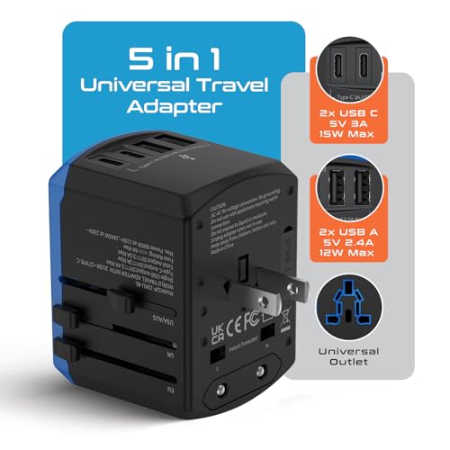 Ceptics 5 in 1 Universal Travel Adapter, 2 USB-A + 2 USB-C, 4 Plug Outputs - color: Blue