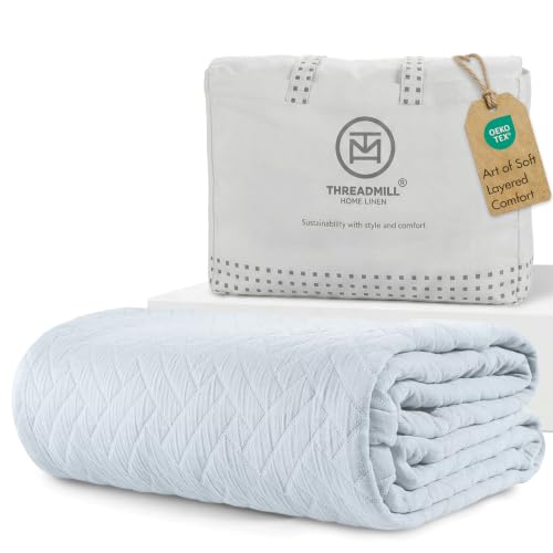 Threadmill Cotton Queen Coverlet Blanket, Jacquard, Light Blue, 90x92 - color: Classic Light Blue, size: Queen / Full