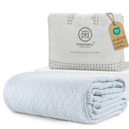 Threadmill Cotton Queen Coverlet Blanket, Jacquard, Light Blue, 90x92 - color: Classic Light Blue, size: Queen / Full