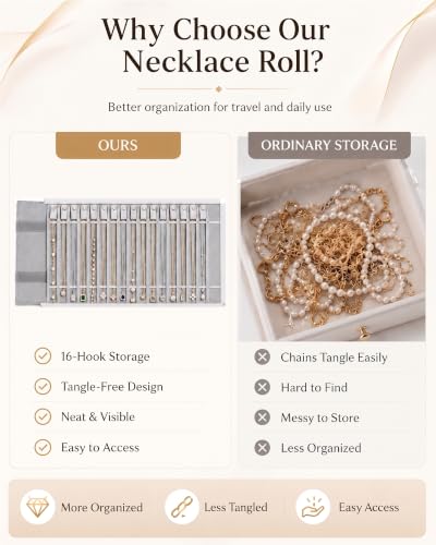 Travel Necklace Organizer, Tangle Free Jewelry Case, 16 Slots - color: Gray PU and Gray Velvet