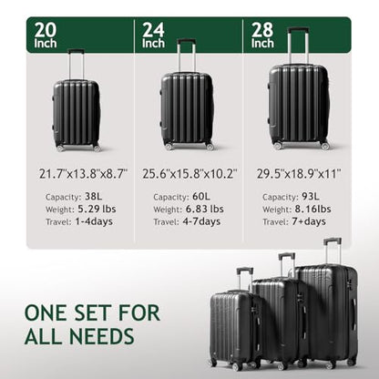 Karl home Luggage Set of 3 Hardside Suitcase Sets - Black (20/24/28) - color: Black, size: 3 Piece Set