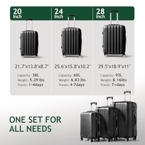 Karl home Luggage Set of 3 Hardside Suitcase Sets - Black (20/24/28) - color: Black, size: 3 Piece Set