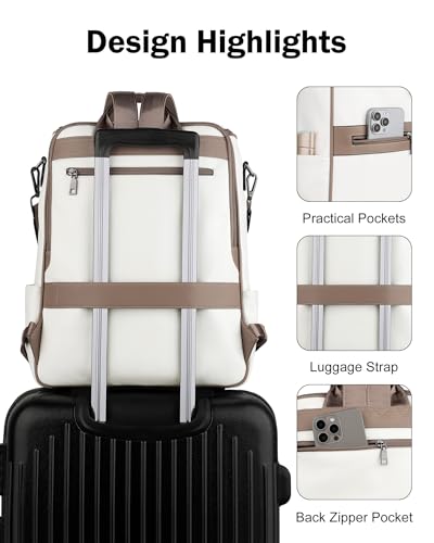 FADEON Laptop Backpack for Women, Vegan Leather 15.6 inch Computer bag - color: White Retro Style