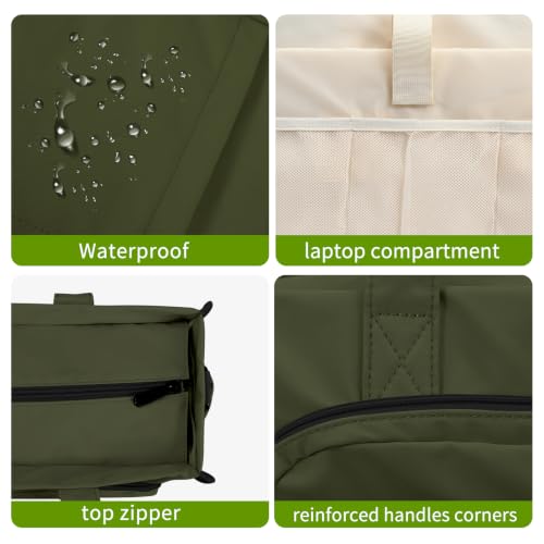 oscaurt Work Tote Bag for Women, 18 Pocket Laptop Tote, 15.6" Compartment - color: Army Green