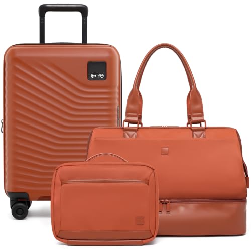 Coolife 3-Piece Carry-On Travel Set, 20-Inch Expandable Suitcase - color: Brown, size: 3-Piece Set (20''/Duffel/Toiletry Bag)