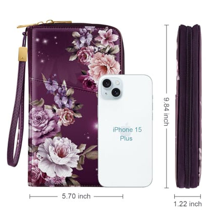Family Passport Holder Wallet RFID Blocking Document Organizer - color: Purple Flowers