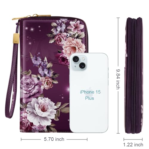 Family Passport Holder Wallet RFID Blocking Document Organizer - color: Purple Flowers