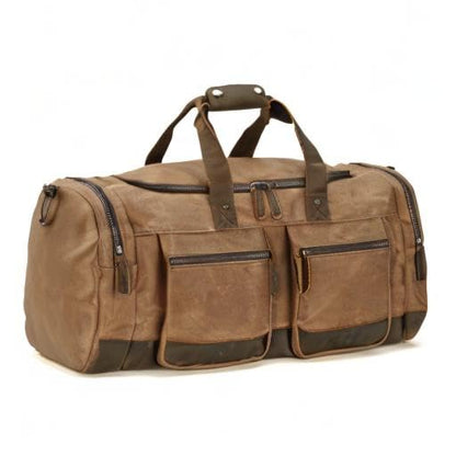 Polare 23” Waxed Canvas Cowhide Leather Waterproof Travel Duffel Bag Trim Luggage Weekender Overnight Carry on Hand Bag - color: Brown-23"