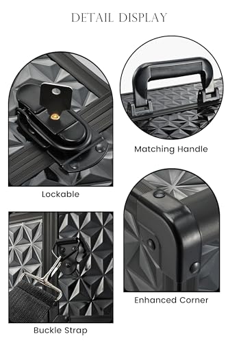 Joligrace Makeup Train Case Professional Cosmetic Organizer Aluminum Storage Box with 4 Adjustable Dividers Trays Lockable Portable with Shoulder Strap - color: Black