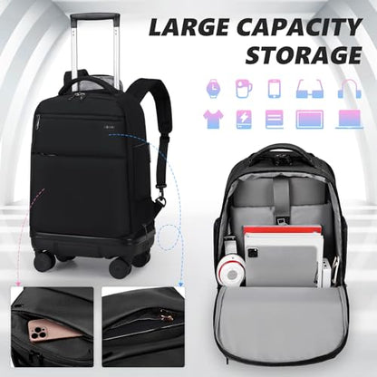 Rolling Backpack with Removable Wheels, 18 inch Computer Laptop Bag Carry on Travel Wheeled Business Backpack for Women Men - color: Black
