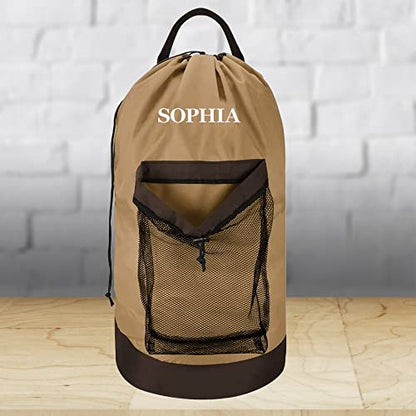 Personalized Laundry Bag Heavy Duty Custom Graduation University XL Bag Backpack with Hanging Shoulder Strap & Mesh Pocket - Back to School College Graduation Gift - Choose Your Font & Thread Color - color: White