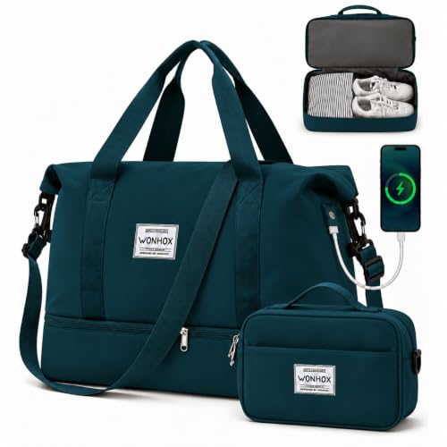 Weekender Bags for Women Travel Weekend Overnight Bag with Shoe Compartment - color: A -Peacock Blue