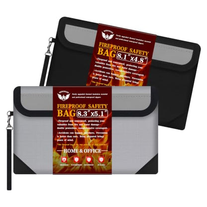 Small Money Bag 2 Pack (8.3“ × 5.1”)，Zippered Fireproof Waterproof Document Bag， Safe Fireproof Document Box，Small Fireproof Money for Cash, Currency, Keys, and Passports - color: 8.3“ × 5.1” Black + Silver