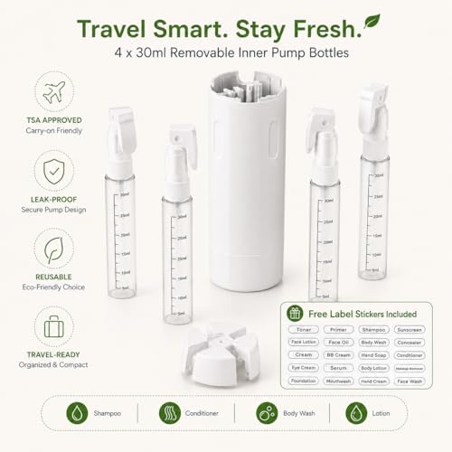 4-in-1 Travel Dispenser Bottle, Refillable Containers with Clear Scale Labels, Leak Resistant Travel Toiletry Bottles for Cosmetics, Shampoo, Lotion, White