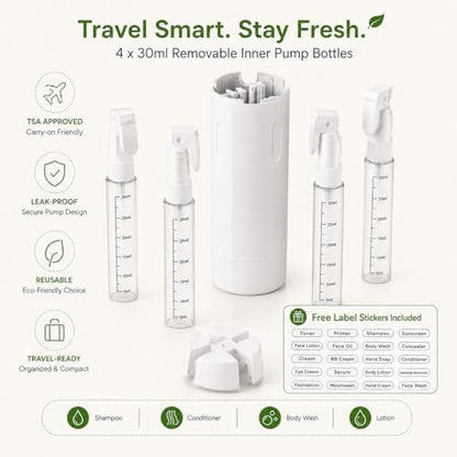 4-in-1 Travel Dispenser Bottle, Refillable Containers with Clear Scale Labels, Leak Resistant Travel Toiletry Bottles for Cosmetics, Shampoo, Lotion, White