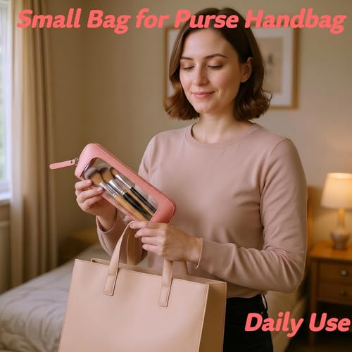 9" Clear Makeup Brush Bag, Small Pink Pencil Case, Slim Purse Pouch - color: Pink