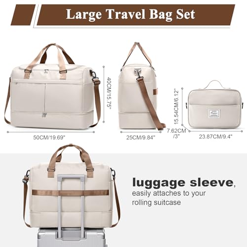 Travel Duffel Bag with Shoe Compartment,Overnight Weekender Bags for Women - color: Beige & Brown with Toiletry Bag