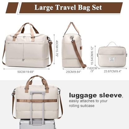 Travel Duffel Bag with Shoe Compartment,Overnight Weekender Bags for Women - color: Beige & Brown with Toiletry Bag