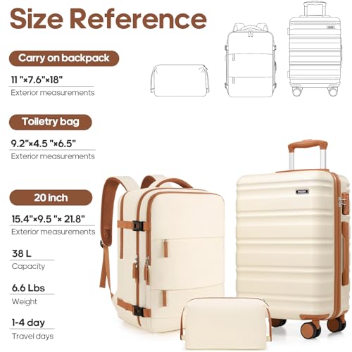 Carry On Luggage 22x14x9 Airline Approved, 3 Piece Set with Backpack - color: Off White, size: 3 piece set (20inch)