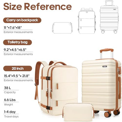 Carry On Luggage 22x14x9 Airline Approved, 3 Piece Set with Backpack - color: Off White, size: 3 piece set (20inch)