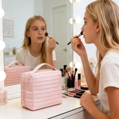 Fold Down Parallel Makeup Bag,Toiletry Bag Travel Organizer,Large,Pink - color: Blush Pink