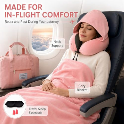 Travel Blanket and Pillow Set - Hooded Neck Pillow Airplane Essentials Pink - color: Pink