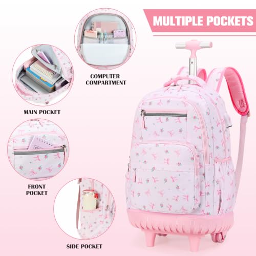 ACESAK Rolling Backpack for Girls with Lunch Bag & Pencil Pouch - color: Pink Bow