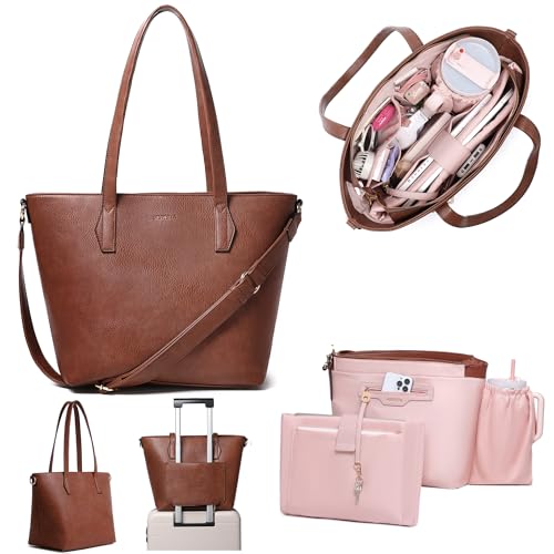 Women’s 16” Laptop Tote Bag, Vegan Leather Work Bag with Cupholder, RFID & Anti-Pickpocket Trolley Sleeve - color: Dark Brown