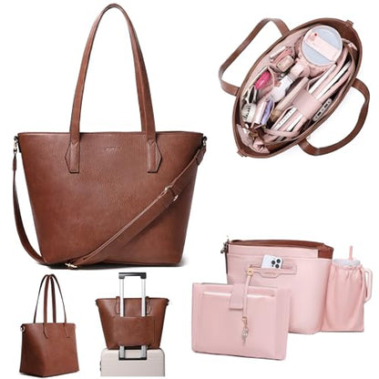 Women’s 16” Laptop Tote Bag, Vegan Leather Work Bag with Cupholder, RFID & Anti-Pickpocket Trolley Sleeve - color: Dark Brown