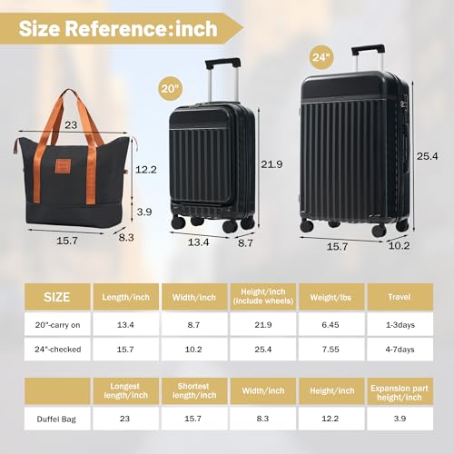 Merax Luggage Sets Front Opening,2 Piece Hardshell Suitcase with Bag - color: Black+bag, style: 2-piece Set