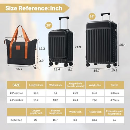 Merax Luggage Sets Front Opening,2 Piece Hardshell Suitcase with Bag - color: Black+bag, style: 2-piece Set