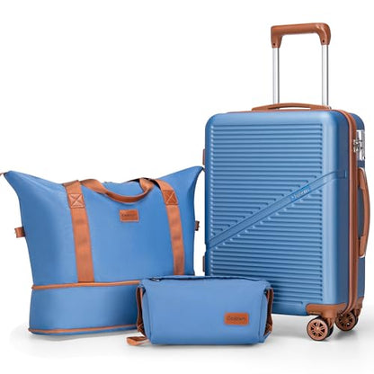 Cosbarn Carry On Luggage,3 Piece Carry On Suitcase,22x14x9 Airline Approved - color: HazeBlue, style: Carry on Luggage With Duffel Bag