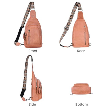 HESHE Leather Sling Bag for Women RFID Crossbody Purse Fanny Pack Chest Bag - color: Pink