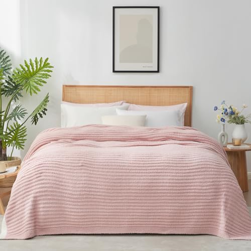 Snuggle Sac Luxury King Size Blanket for Bed, Cozy Soft Fuzzy Microfiber Knit Stripe Bedding Blankets, Pink, 108x90 inches - color: Pink, size: King(108"x 90")