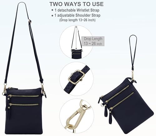 Solene Small Crossbody Bag for Women, Multi Zip Pockets with Detachable Wristlet, Lightweight Travel Purse, Cell Phone Pouch - color: Navy