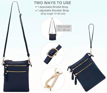 Solene Small Crossbody Bag for Women, Multi Zip Pockets with Detachable Wristlet, Lightweight Travel Purse, Cell Phone Pouch - color: Navy