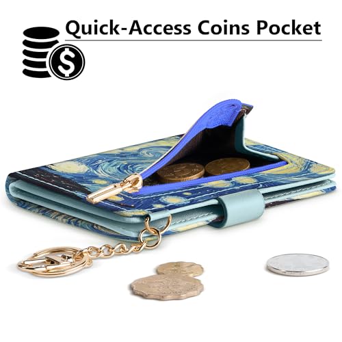 Airkit Small Wallet Women RFID, PU Leather Card Holder with Keychain - color: Colorful Starry Sky