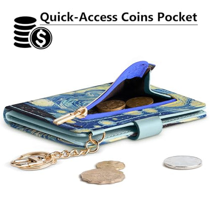 Airkit Small Wallet Women RFID, PU Leather Card Holder with Keychain - color: Colorful Starry Sky