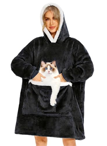 Wearable Blanket Hoodie with Giant Pocket, Soft Warm Sherpa Fleece Oversized Blanket Sweatshirt Gifts for Women Men - color: Black