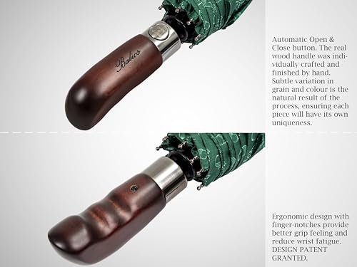 Balios Folding Umbrella Real Wood Handle Auto Open Close - color: Maple Leaves Dark Green