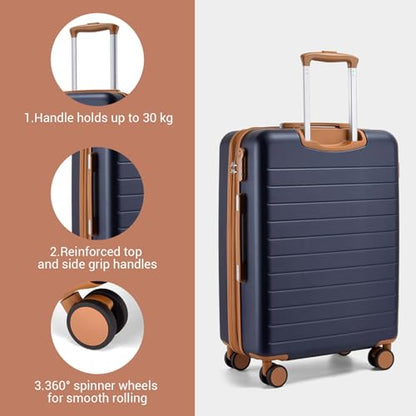 Kono Large Suitcase 28in Expandable ABS+PC 8pcs Silent Wheels Navy/Brown - color: Navy, size: Checked-Large 28-Inch