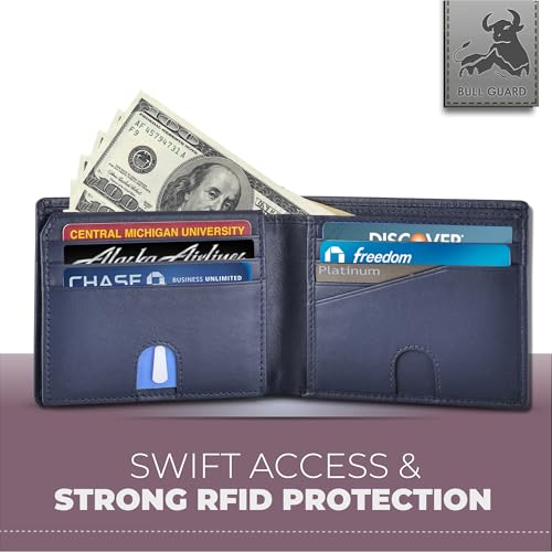 Mens RFID Blocking Bifold Wallet Napa Top Grain Leather, Secure and Durable Extra Capacity Billfold with 11 Credit Cards & Flip Up ID in Storm Cloud Blue with Tight Stitching, Quick Thumb Push Access - color: Power Blue - Storm Cloud Blue