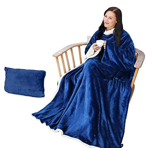 Catalonia Sherpa Wearable Blanket with Sleeves Arms - color: Blue