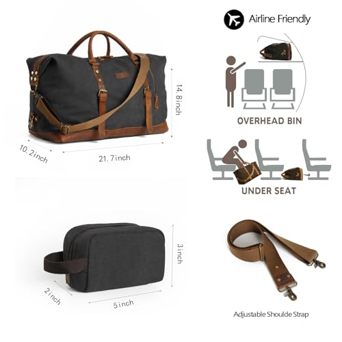 Duffle Bag for Men Travel Leather Canvas Weekender Bag Overnight Bag with Toiletry Bag (Black) - color: Black