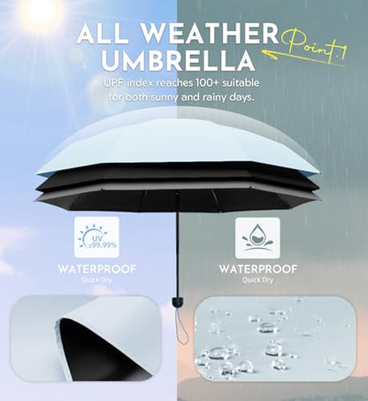 Mini Umbrella for Travel Compact - UPF 100+ UV Sun Umbrella for Purse Backpack,Super mini Sturdy Pocket Folding Umbrella with Absorbent Sleeve, Heavy Duty Parasol - color: 2-Black & Blue