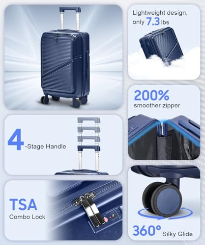 Hard Shell Luggage Set 4 Piece with Spinner Wheels, 20/24/28 Inch Suitcases with TSA Lock, 20in Carry On with Front Laptop Pocket & USB Port, Travel Suitcase Set with Cosmetic Case - color: Blue, size: 4-Piece Set (13/20/24/28)